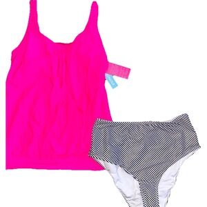 Yonique Swimsuit Tankini Set Womens Medium Hot Pink Striped Stretch High Waisted